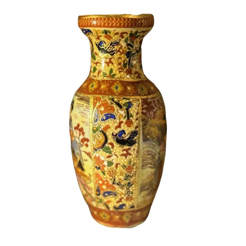 Vintage Chinese 6” Vase Satsuma Female Floral Geisha Garden Nature Motif Beauty